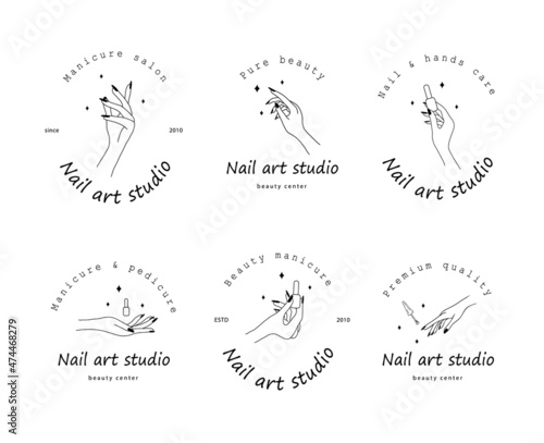 Elegant female hands. Manicure and pedicure concept. Vector Illustration in trendy outline style. Design element for web icons, nail art studio or spa salon logo.