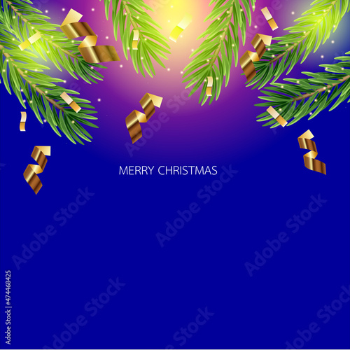 Christmas border. Holiday garland isolated on background. Christmas tree branches,and gold ribbon.