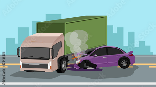 Accident of a container truck blocking the road. Car crashed into the side  causing severe damage to the front. Damage includes loose wheels. front bumper broken Smoke emanated from the hood of car.