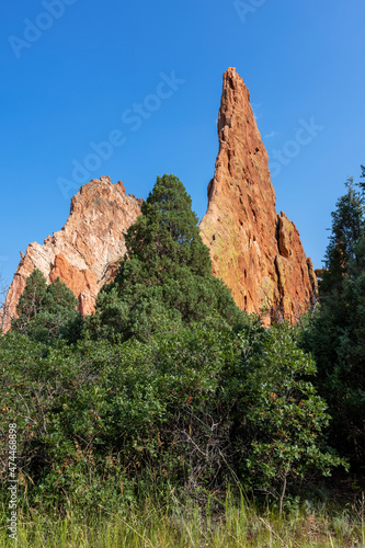 Tall and sharp red rock formation at the Garden of gods park in Colorado