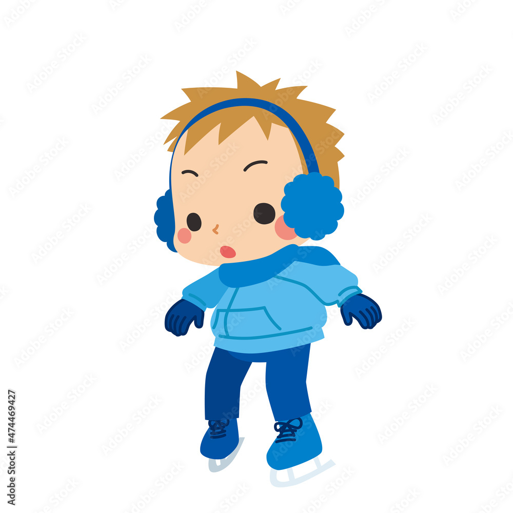 アイススケートを楽しんでいる可愛い小さな男の子のイラスト　白背景　クリップアート