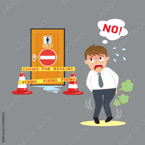 The man felt a stomach ache in front of the toilet closed for repairs sign, Illustration vector cartoon