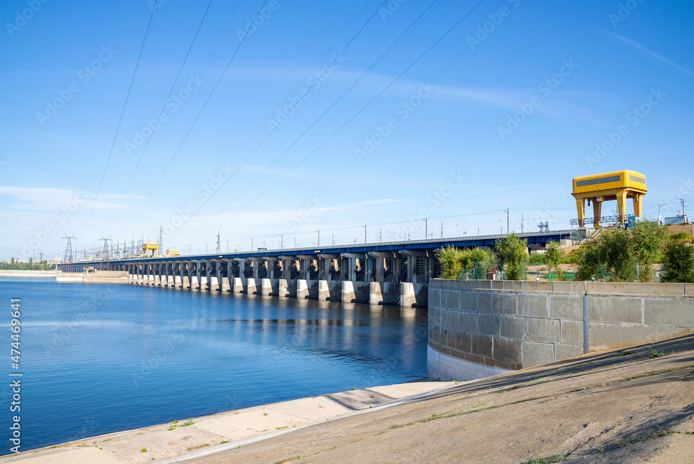 Embankment at the Volga hydroelectric power station on a sunny day. Volgograd, Russia