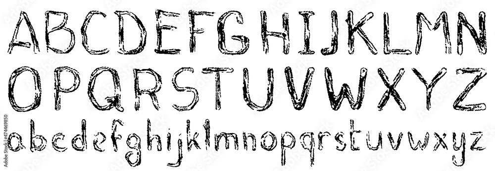 Written alphabet, black ink brush lettering, abc latin alphabet, grunge font, doodles style. The hand draws with chalk. Drawing with a pen hatching. Upper and lower case. Vector
