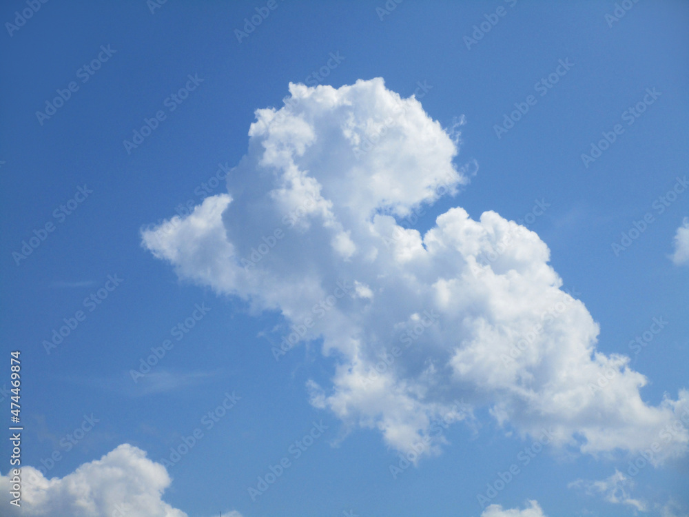 A cumulus cloud of an unusual shape, exciting the imagination, is stretched diagonally in a clear blue sky A cumulus cloud of an unusual shape, exciting the imagination, is stretched diagonally in a clear blue sky