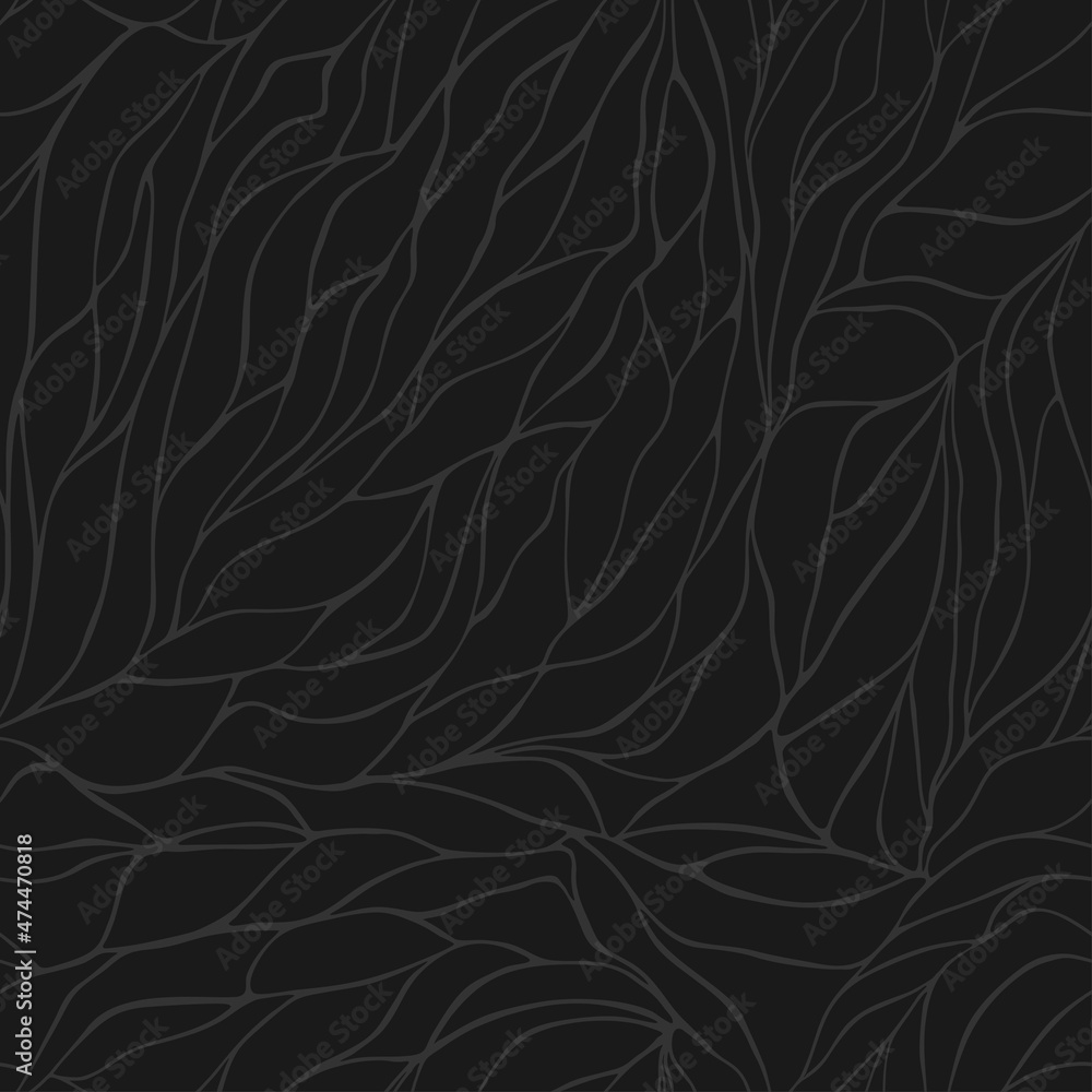 Fototapete Petals pattern with wavy curved lines and scrolls on black background. Floral organic design for textile, fabric and wrapping. Trendy leaf abstract seamless geometric texture. Vector 