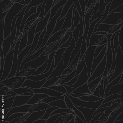 3D Fototapete Badezimmer - Fototapete Petals pattern with wavy curved lines and scrolls on black background. Floral organic design for textile, fabric and wrapping. Trendy leaf abstract seamless geometric texture. Vector 