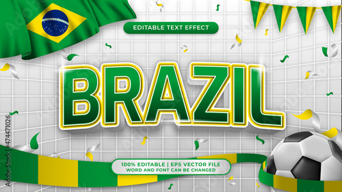 Editable text style effect football background theme. brazil nation flag