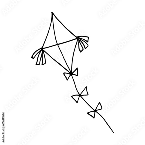 kite hand drawn doodle. vector, minimalism, scandinavian, monochrome, nordic. toy, wind, flying, ribbon, tail. sticker, icon.