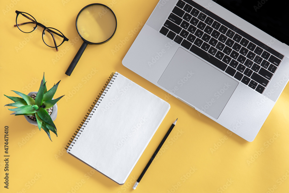 Flat lay, workplace, minimalism, yellow background, copy space. Flat lay, workplace, minimalism, yellow background, copy space.