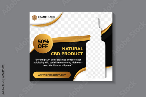 A horizontal web banner. Natura cbd product, hemp oil. black background and curved gold gradient on elements. Space for photo collage. Online advertising for online marketing.