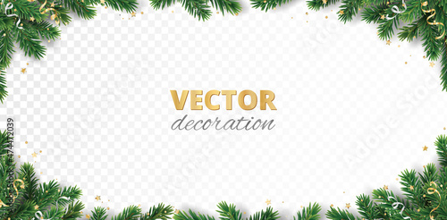 Christmas tree corner decoration isolated on white. Evergreen tree with ribbons and confetti. Festive border, frame. Realistic vector. For holiday headers, banners, party posters.