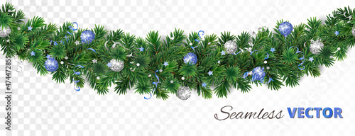 Seamless Christmas tree garland isolated on white. Realistic pine tree branches with silver and blue ornaments. Vector border decoration for holiday banners, posters, cards, promotions