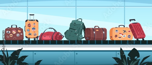 Luggage in airport. Security check baggage conveyor system. Departure terminal line with suitcase and backpack. Knapsacks and briefcases with tags. Vector traveling bags illustration
