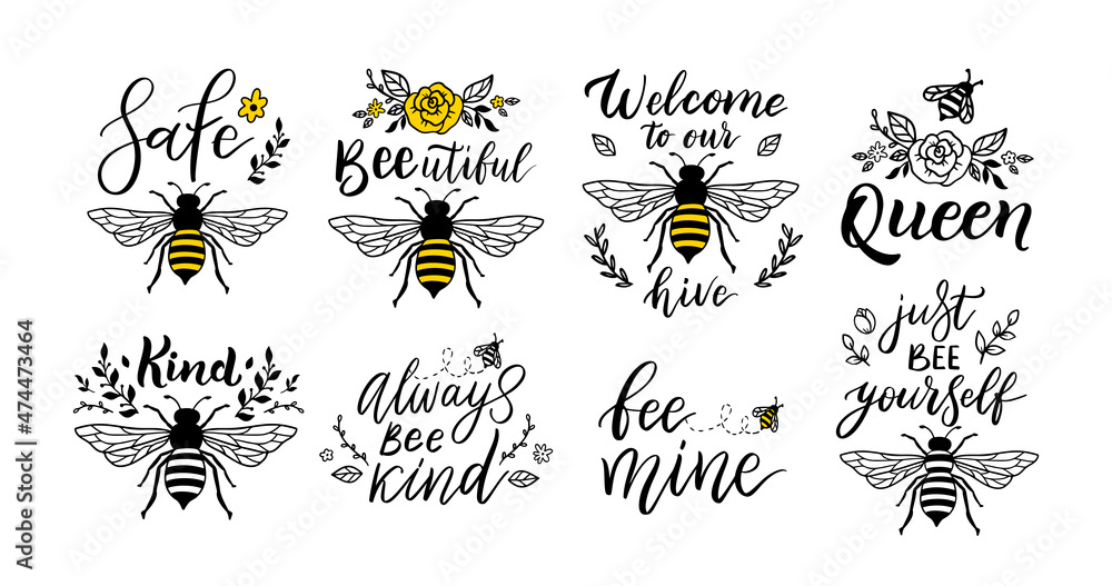 Fototapeta premium Bee funny quote set, hand drawn lettering for cute print. Positive quotes isolated on white background. Happy slogan for tshirt. Vector illustration bumble collection of typography poster with sayings