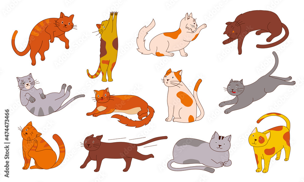 Doodle cat. Funny home animal sticker with simple sketch. Happy sitting staying and lying cats, cute outline kitten character bundle in different poses. Vector fluffy pet isolated set Doodle cat. Funny home animal sticker with simple sketch. Happy sitting staying and lying cats, cute outline kitten character bundle in different poses. Vector fluffy pet isolated set