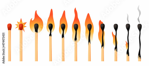 Burning match animation kit. Wood whole matchstick with sulfur head flaming stages from ignition to extinction. Sequence steps of combustion. Vector cartoon household wooden stick set