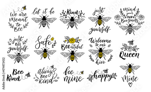 Bee funny quote set, hand drawn lettering for cute print. Positive quotes isolated on white background. Happy slogan for tshirt. Vector illustration bumble collection of typography poster with sayings