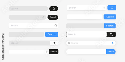 Search bar. Website box with button interface element. Input form graphic symbol with shadow effect. Network UI microphone and magnifier icons. Vector finding information digital fields set