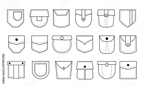 Pocket line icons. Jeans bag patch with stitches. Denim pants and shirt pouches with seams  buttons and pleats. Casual garment collection. Sewed cloth. Vector trousers elements set
