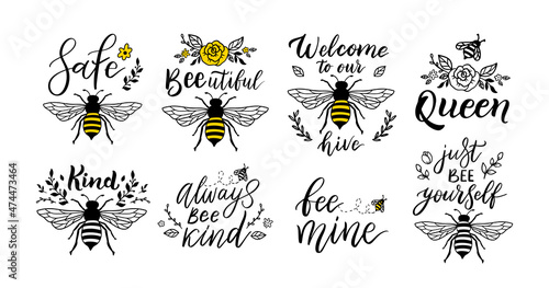 Bee funny quote set, hand drawn lettering for cute print. Positive quotes isolated on white background. Happy slogan for tshirt. Vector illustration bumble collection of typography poster with sayings