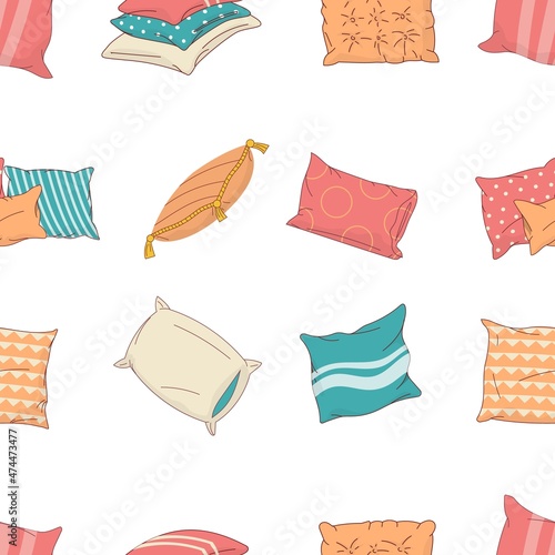 Cartoon pillow pattern. Seamless print with home interior decoration textile elements, sleeping pillows and sofa cushions. Bedroom or living room decoration. Vector pillow texture