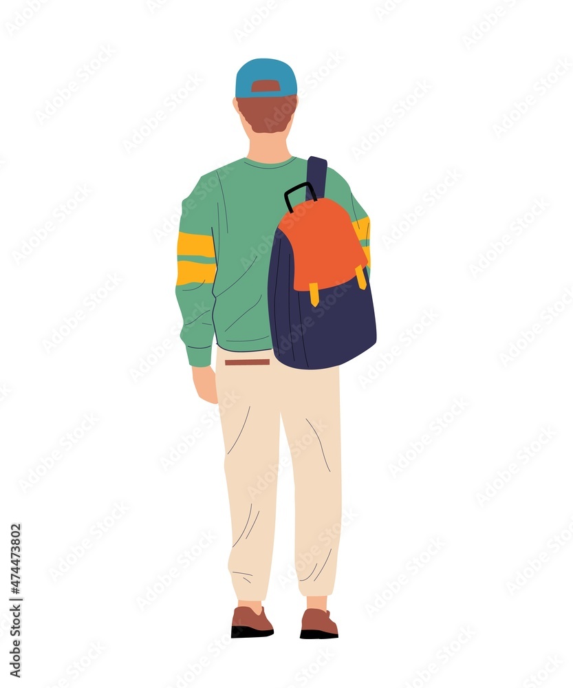 Cartoon boy with backpack. View from behind of standing person in casual clothing. Waiting or walking young man. Teenager watching forward. Male backside figure. Vector illustration Cartoon boy with backpack. View from behind of standing person in casual clothing. Waiting or walking young man. Teenager watching forward. Male backside figure. Vector illustration