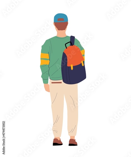 Cartoon boy with backpack. View from behind of standing person in casual clothing. Waiting or walking young man. Teenager watching forward. Male backside figure. Vector illustration