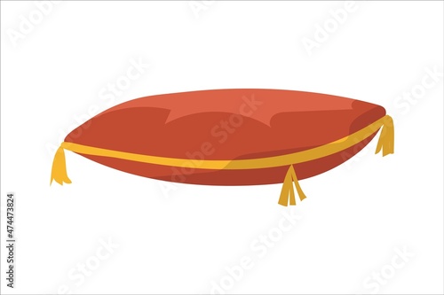 Cartoon red pillow for home pets. Cozy cushion with tassels. Feline and canine furniture for sleeping or relaxing. Domestic animals supplies. Cats and dogs bedding. Vector vet accessory