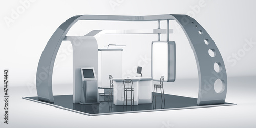 3d Rendering of stand, design with table and chair, info board, roll up. Clipping path included