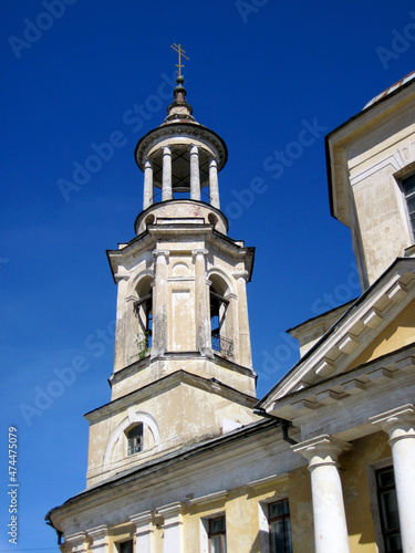 Bell tower with openwork light colonnade of the Church of Clement, Pope in Torzhok, Tver region, Russia in the style of classicism, XVIII century. 