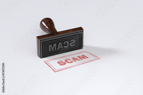 Rubber stamping that says Scam on White Background.
