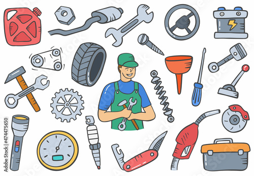 mechanic or technician jobs or job career profession doodle hand drawn set collections with flat outline style