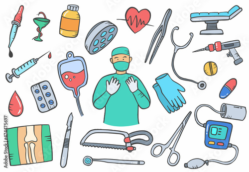 surgery doctor professional health jobs or job career profession doodle hand drawn set collections with flat outline style