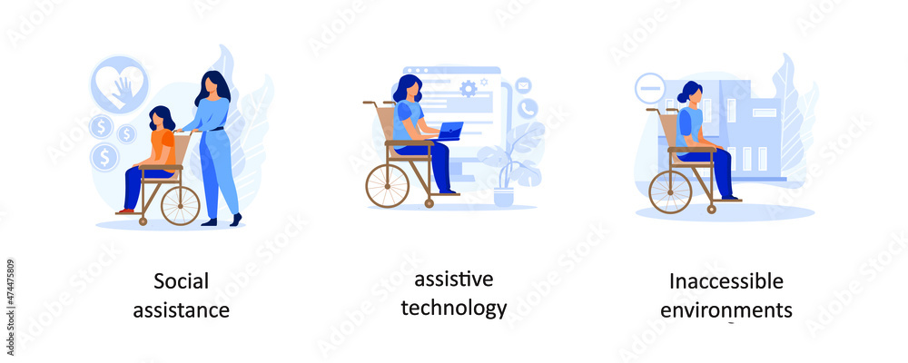 Social assistance, Assistive technology, Inaccessible environtments. Help for disabled person abstract concept vector illustration set.