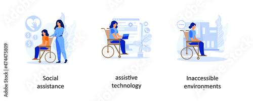 Social assistance, Assistive technology, Inaccessible environtments. Help for disabled person abstract concept vector illustration set.