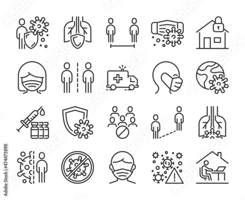 Coronavirus and Social distancing line icons set. Editable Stroke.