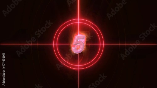 Red color 10 second glowing count down animated on black background