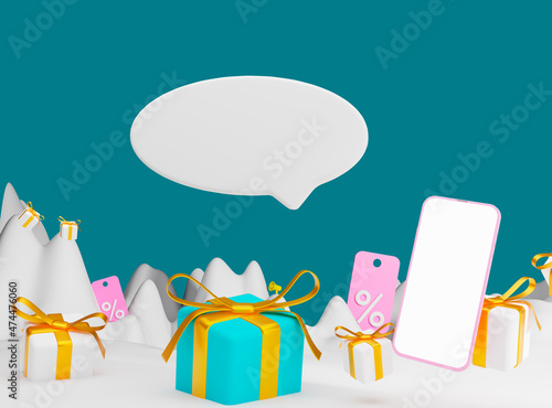 3D discount coupons is lying with gift boxes, speech bubble and phone on white background. 3d rendering.