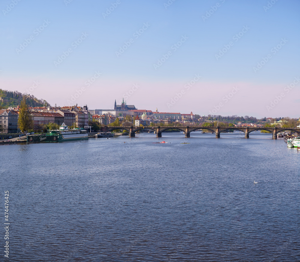 Panoramic view of Prague cathedral castle svateo welcomes and vltava river and bridges to it in the center of prague during the day