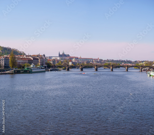 Panoramic view of Prague cathedral castle svateo welcomes and vltava river and bridges to it in the center of prague during the day