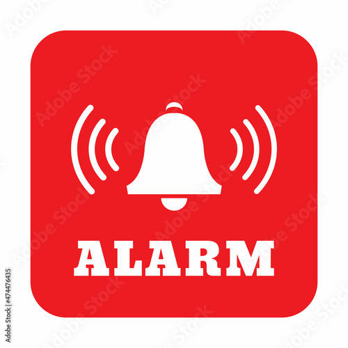 Alarm symbol. Alarm red square button. Bell icon isolated on red square button abstract illustration.