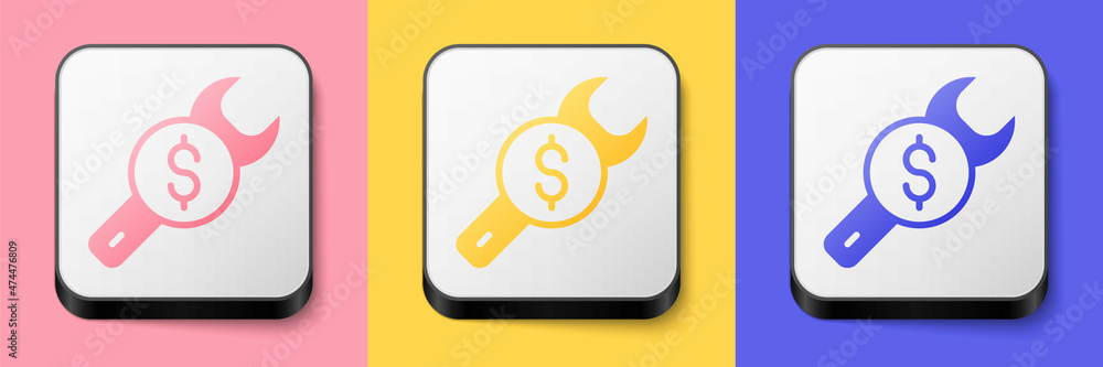 Isometric Repair price icon isolated on pink, yellow and blue background. Dollar and wrench. Square button. Vector Isometric Repair price icon isolated on pink, yellow and blue background. Dollar and wrench. Square button. Vector
