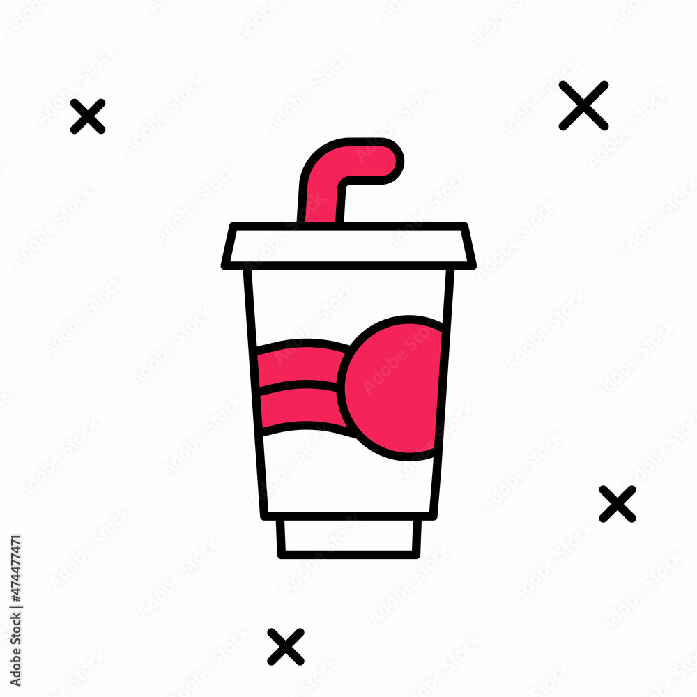 Filled outline Paper glass with drinking straw and water icon isolated on white background. Soda drink glass. Fresh cold beverage symbol. Vector Filled outline Paper glass with drinking straw and water icon isolated on white background. Soda drink glass. Fresh cold beverage symbol. Vector