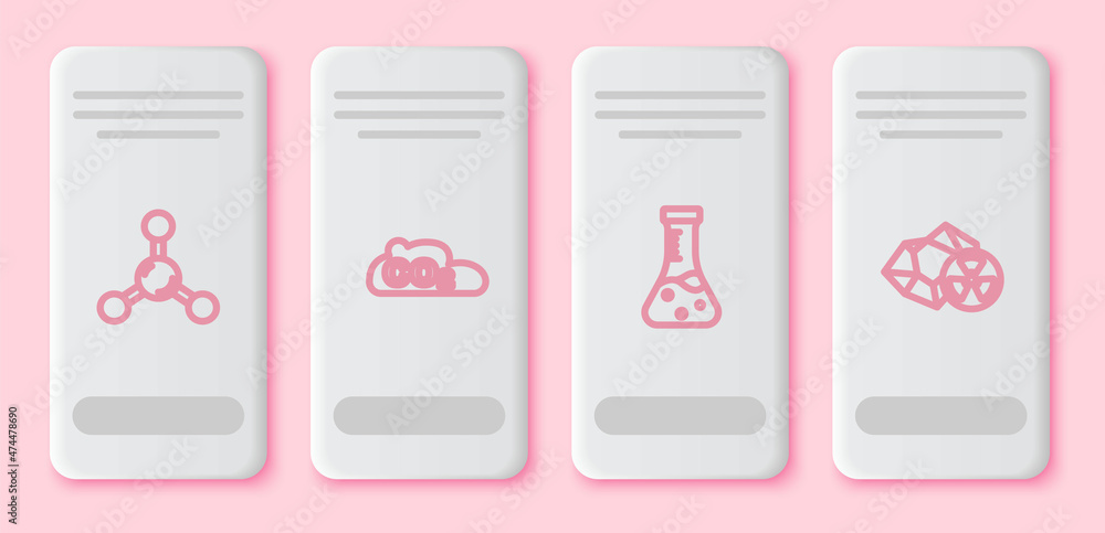 Set line Molecule, CO2 emissions in cloud, Test tube and Radioactive. White rectangle button. Vector