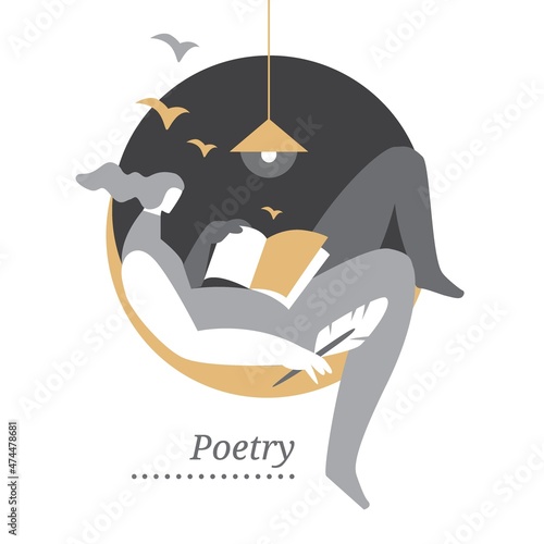 Poetry, writing poetry, literary creativity. Writer, poet, copywriter. Silhouette of a man with a book. Logo, design element, sign. Graphic vector flat illustration.