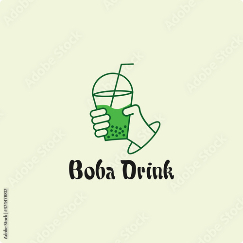 boba drink green tea whit hold hand .line art ,mono line logo. simple vector illustration