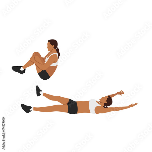 woman doing bent leg jackknife exercise flat vector illustration isolated on white background