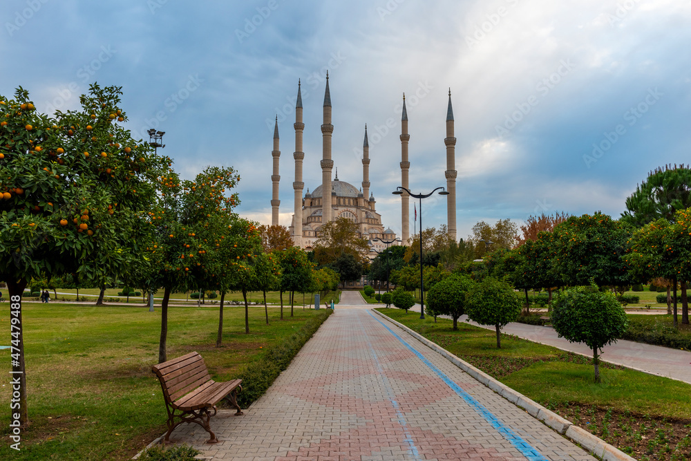 Sabanci Central Mosque (Turkish: Sabanci Merkez Cami) and Merkez Park in Adana, Turkey. Turkey's largest mosque sunset view.