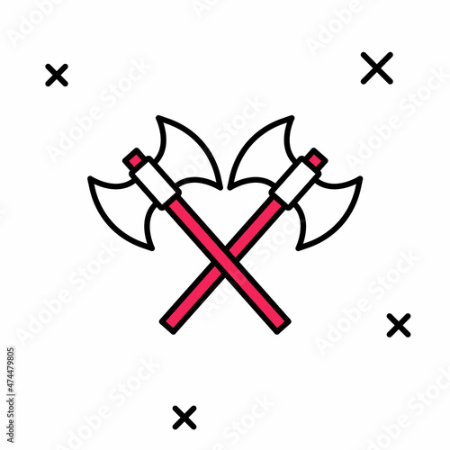Filled outline Crossed medieval axes icon isolated on white background. Battle axe, executioner axe. Medieval weapon. Vector